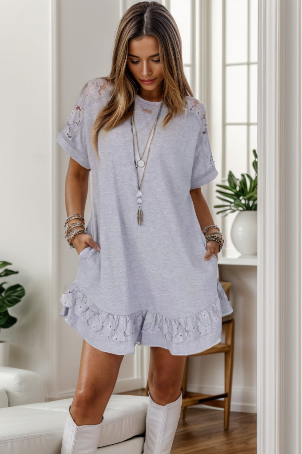 Lace Detail Round Neck Short Sleeve Dress - store name